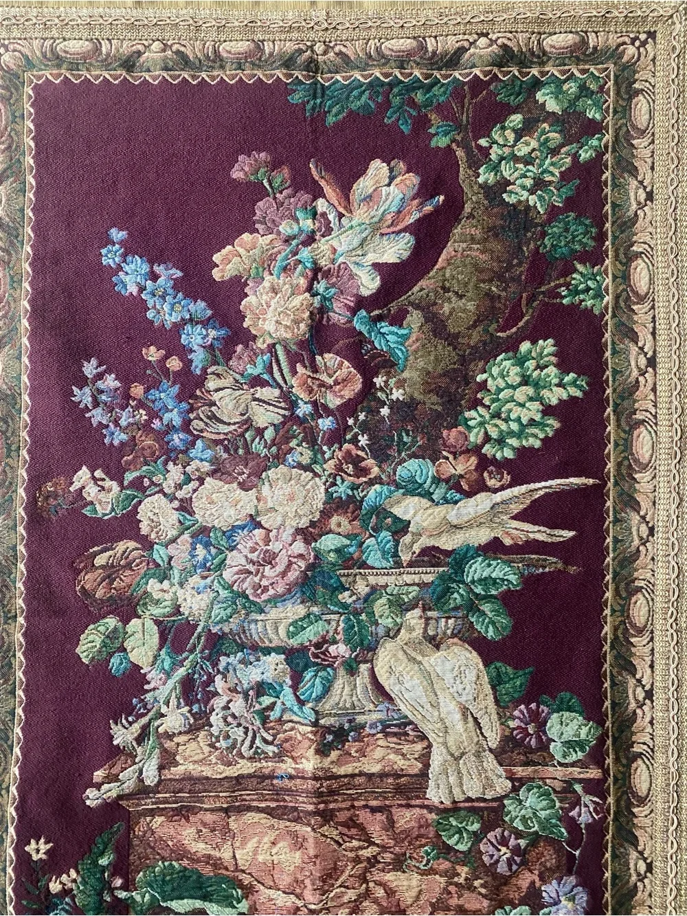 Vintage Wall Tapestry Aubusson Style Floral Birds Fringe Woven Textile 55” x 37”